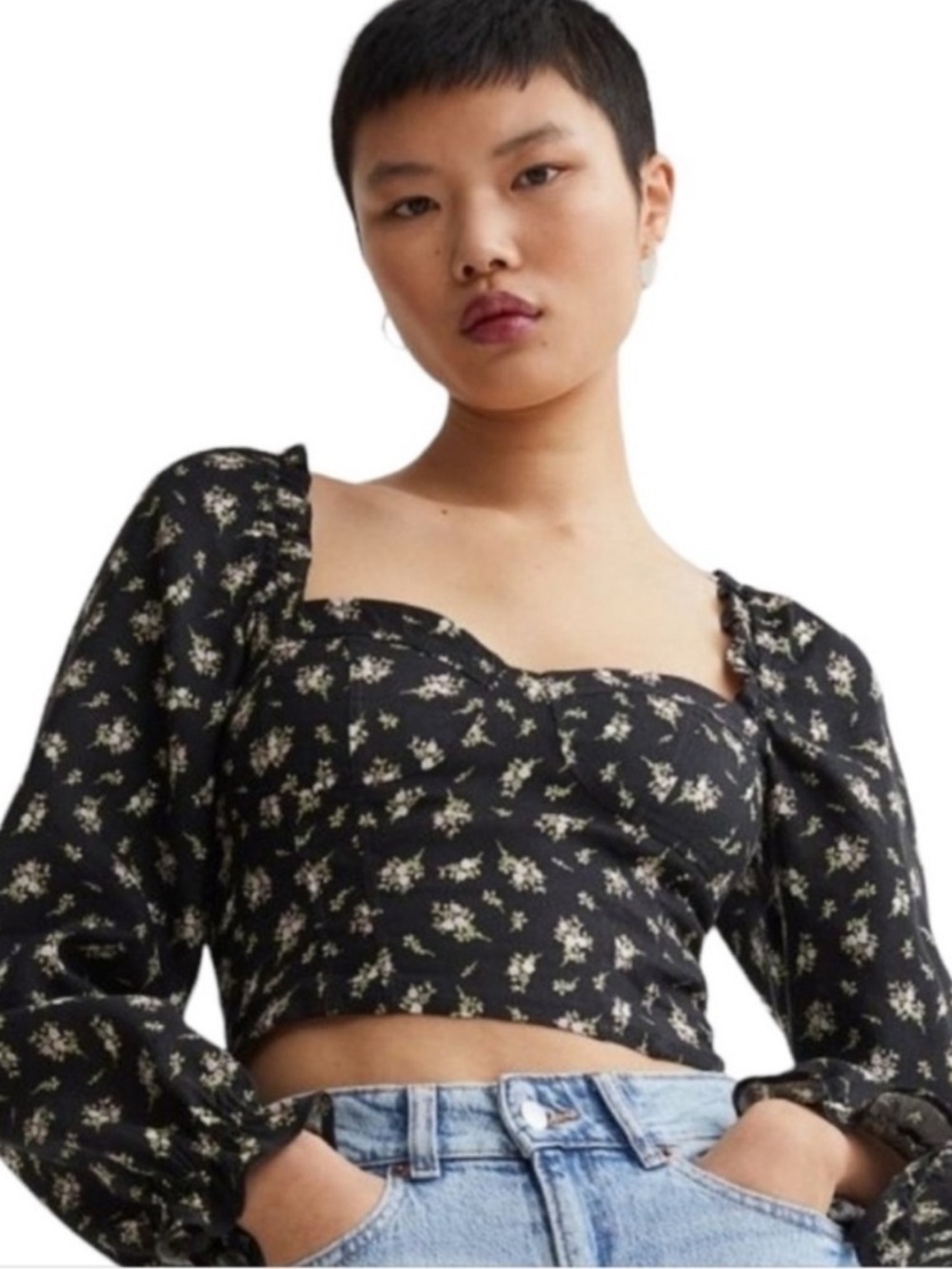 H&M Black Floral Sweetheart Crop Top with Long Puff Sleeves